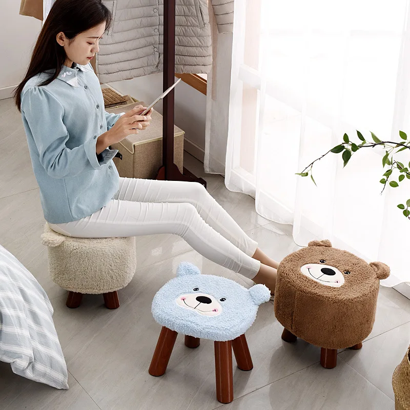 

Маленький деревянный стул с чехлом из хлопка и льна, маленький стул из массива дерева для дома, круглый стул под скамейкой, креативная мульт...