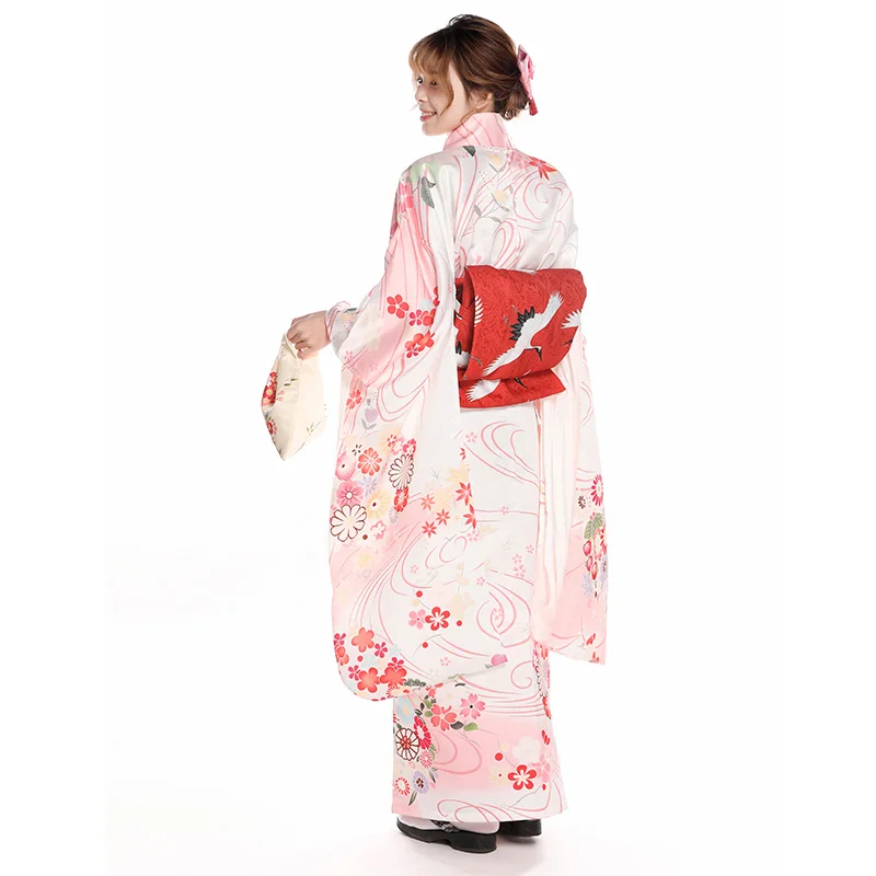 Women's Japanese Traditional Long Sleeve Kimono Beautiful Pink Floral Prints Formal Yukata Cosplay Wear Performing Dress |