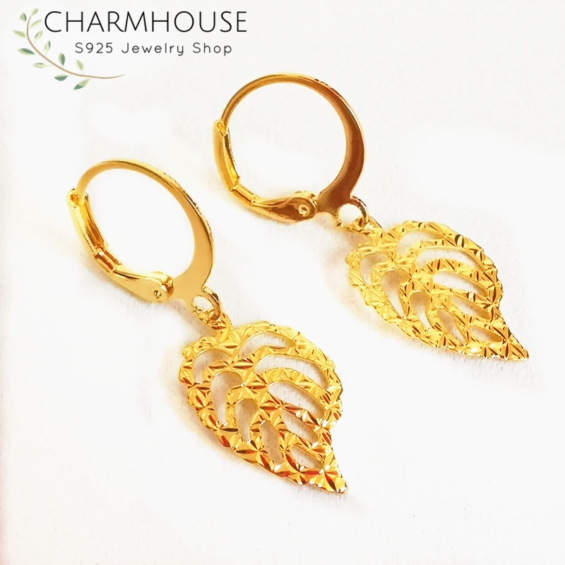 Charmhouse 24K Желтые серьги золотого цвета для женщин Лист сережки Brincos Pendientes