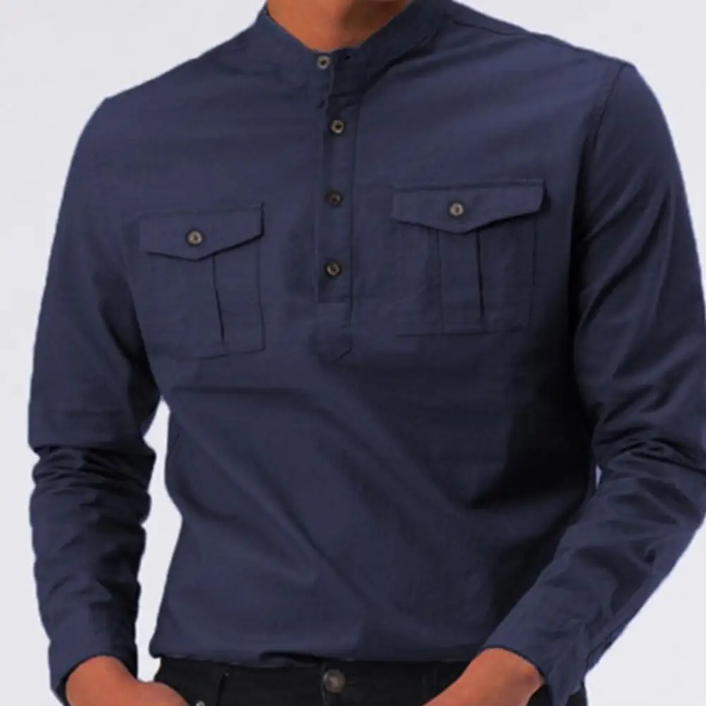 Мужская деловая рубашка с длинными рукавами воротником стойкой и двумя