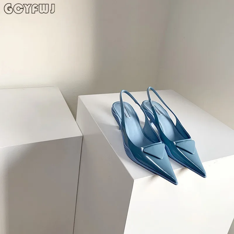 

Low Heel Women Fashion Sandals Pointed Toe Real Leather Solod Color Female High Heel Shoes Baotou Shoes High Quality Mujer Shoes