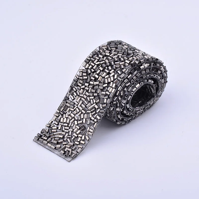 JUNAO 2.3*36cm Gray Inlaid Tube Rhinestone Ribbon Hot-Fix Strass Mesh Chain Non Sewing Crystal Stones Band Trim For Home Textile