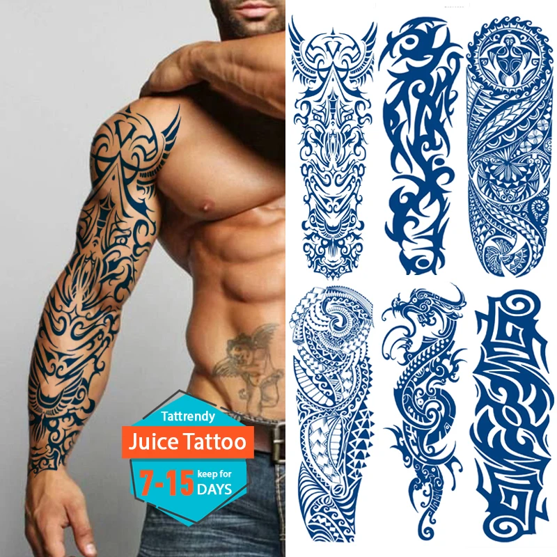 

temporary sleeve tattoo full arm large body art sticker long lasting juice tattoo fake waterproof blue totem tribal dragon tatoo