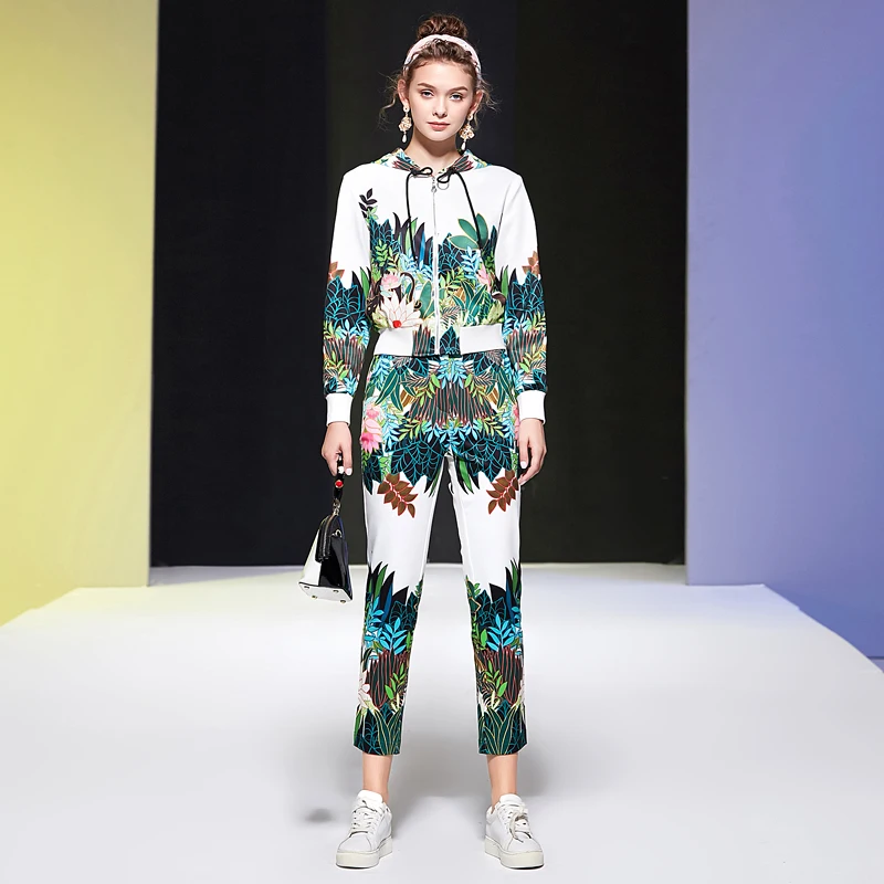 

Runway Autumn New Women'S Sets Hooded Zipper Knitted Jacket And Printed Casual Trousers Vintage Elegant Fashion Two Piece Set