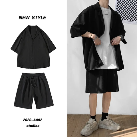 Костюм мужской летний из 2 предметов, куртка и шорты оверсайз, Повседневная Свободная короткая рубашка, чистая одежда в Корейском стиле