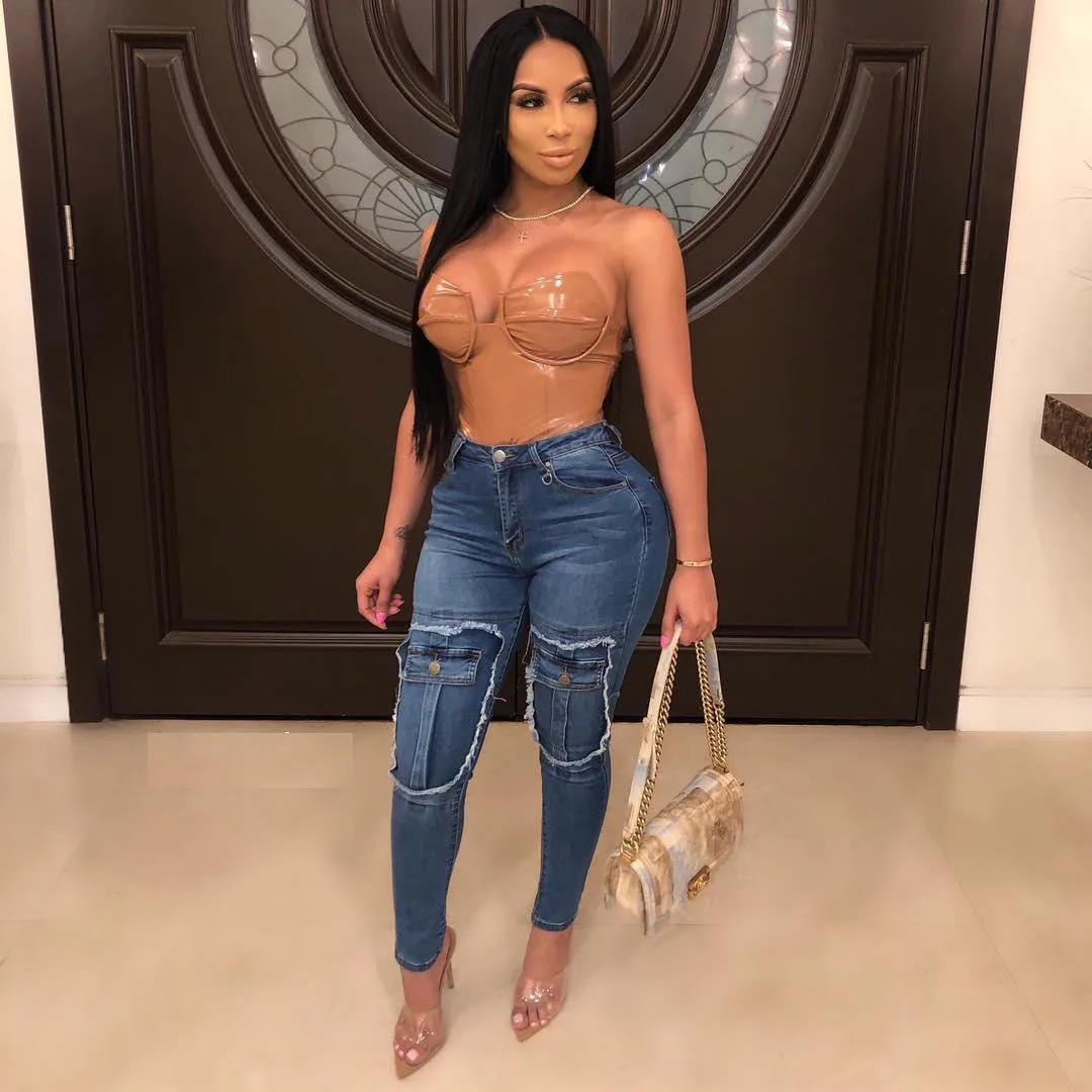 

2022 New Fashion Fake Pockets Patchwork Pencil Jeans Women`s Mid High Waist Stretch Denim Skinny Pants Motor Jeans for Women