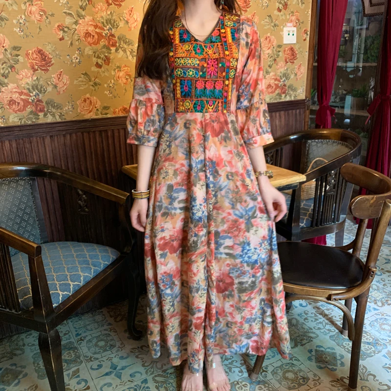 

Dresses Bohemian Ethnic Style Dress Thailand Sanya Travel Vacation Embroidery Long Dress Beach Dress Kawaii Floral dress