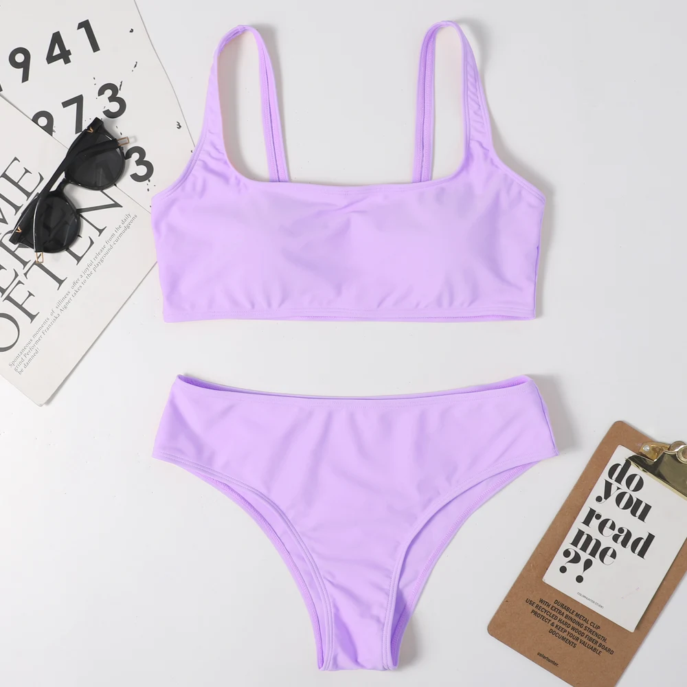 

New 2021 Summer Swimsuit Young Girl Two Piece Women Swimwear Halter Backless Solid Bathing Suit Beachwear Sexy Bikini