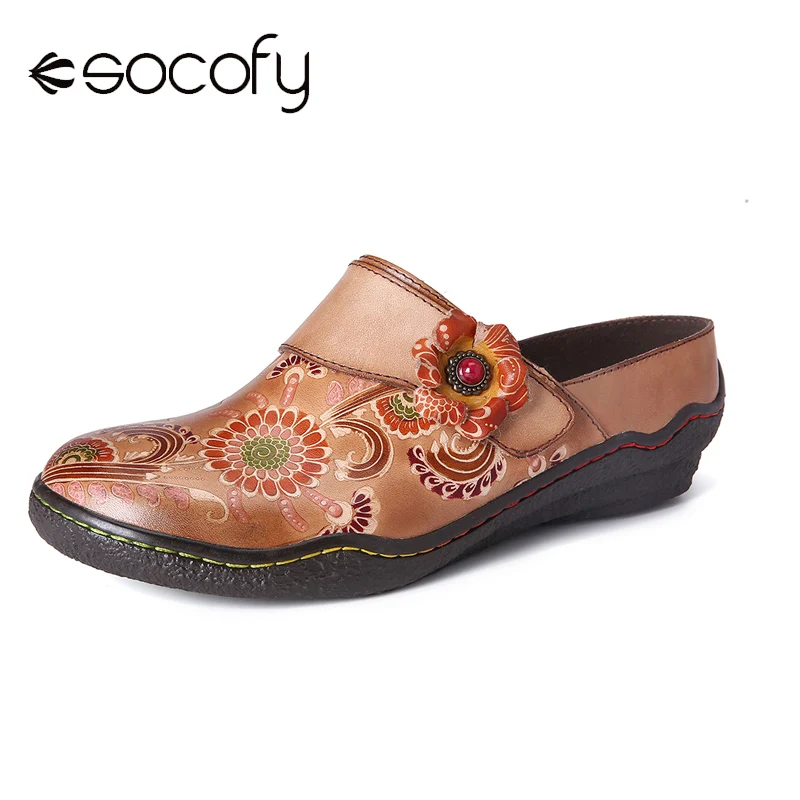 

SOCOFY Retro Leather Floral Embossed Pattern Genuine Leather Super Comfy Slip On Shoes Women Shoes Botas Mujer 2020