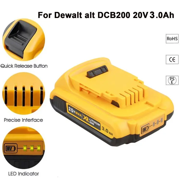 

20V 3000mAh DCB200 Li-ion Rechargeable Power Tool Battery For DEWALT DCB203 DCB181 DCB180 DCB200 DCB201 DCB201-2 L50