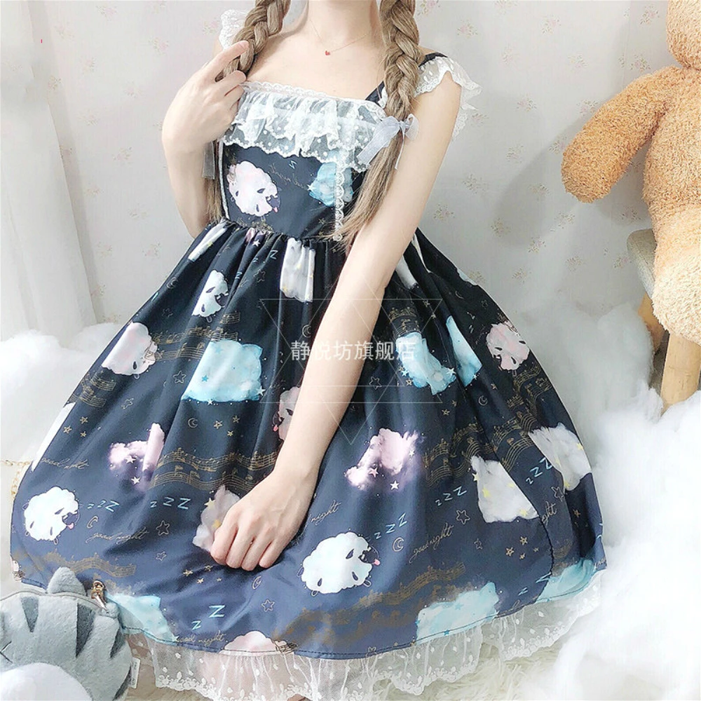 

Sweet Princess Lolita Lace Dress Vintage Lace Cute Printing Kawaii Dress Harajuku Female Daily Girl Gothic Jsk Loli Cosplay