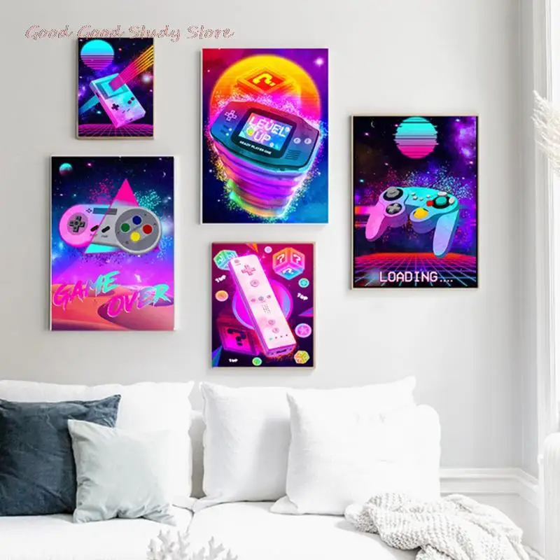 

Retro Game Neon Poster Gamepad Canvas Painting Wall Art Prints Gamer Gift