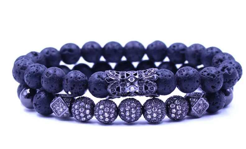 

8mm 2PCS/Set gd432 gelastic adjusted nature black stone volcanic lava micro pave cz zircon cubic zirconia tube Bracelet