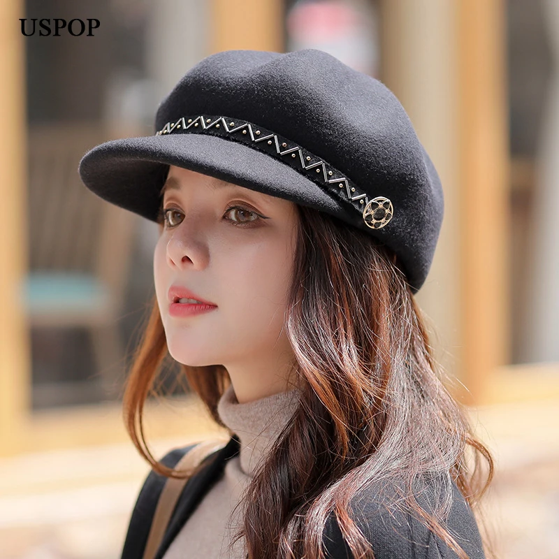 USPOP новинка 2019 женские шапки newsboy толстые зимние шерстяные с бусинами кепки