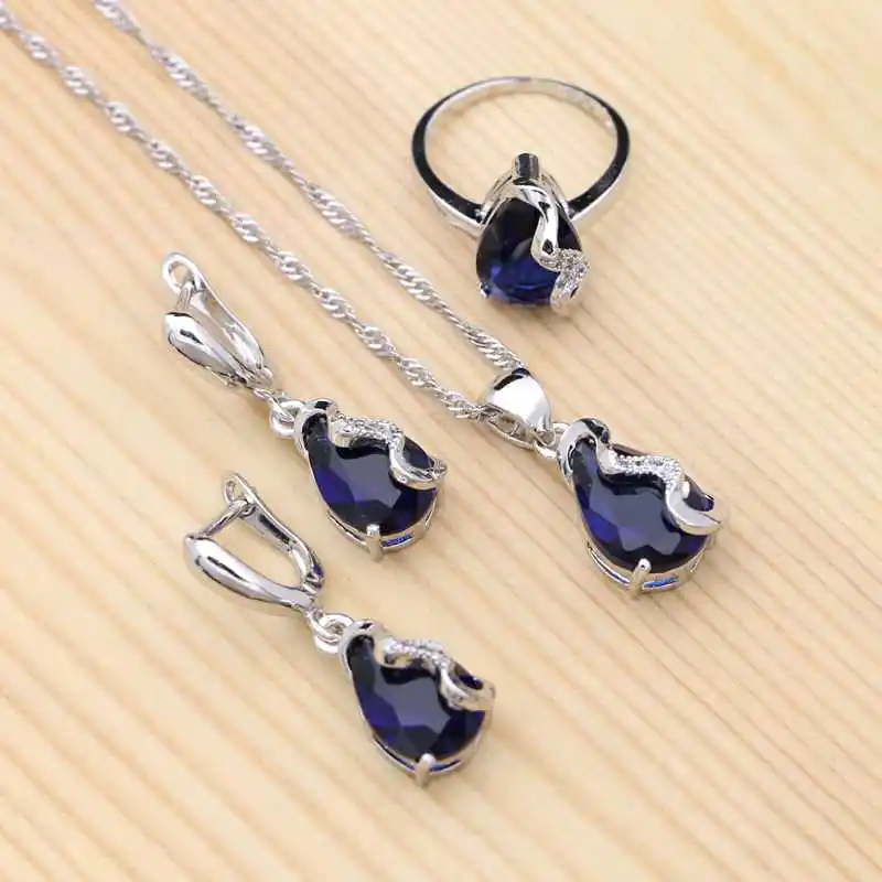 

Water Drop Jewelry 925 Sterling Silver Jewelry Sets For Women Blue Cubic Zirconia Necklace/Earrings/Pendant/Ring set