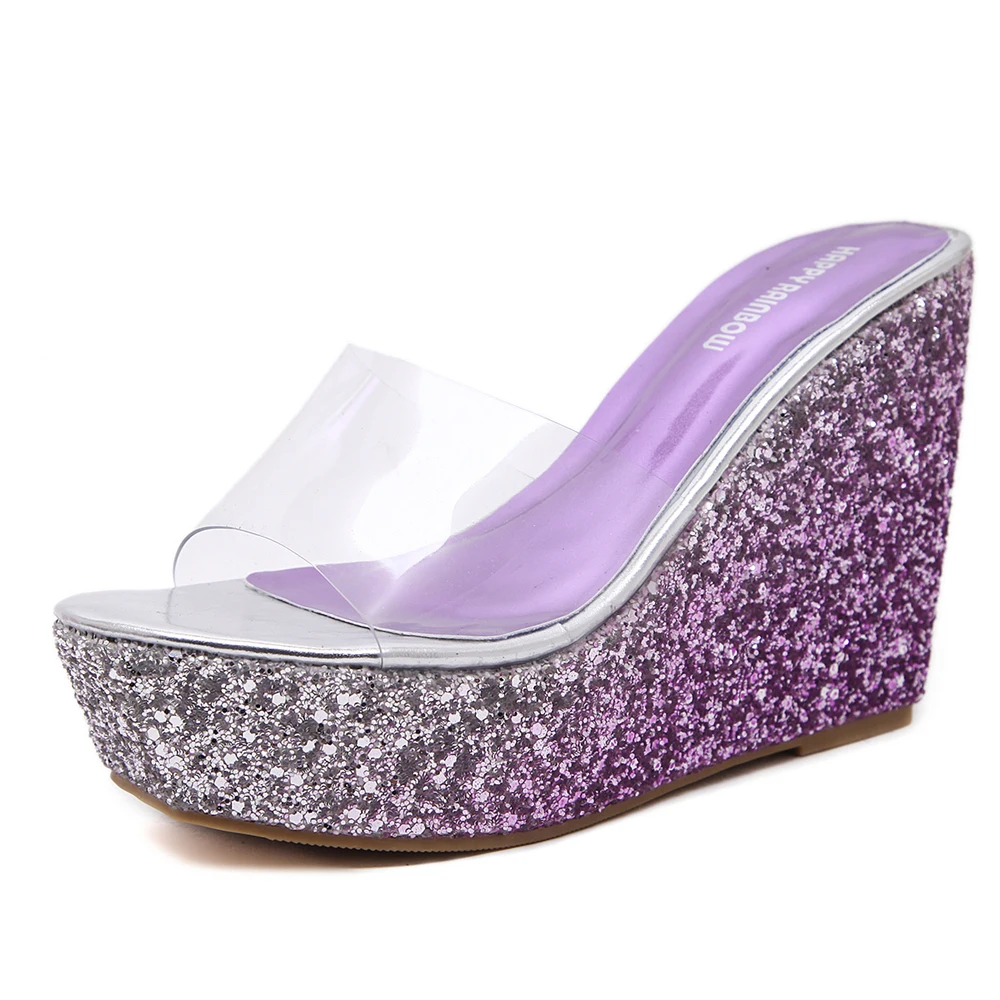 Новинка 2020 года женские босоножки на танкетке с блестками и кристаллами