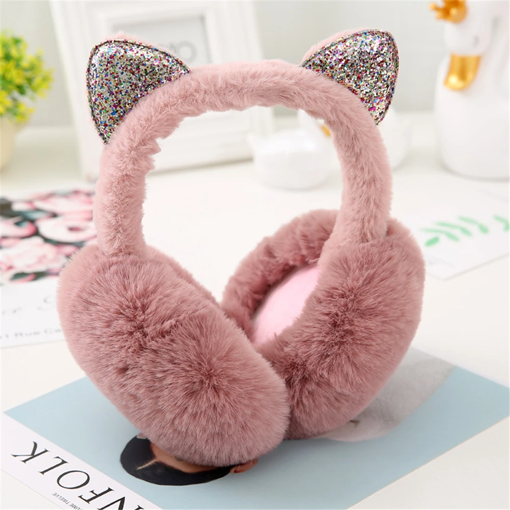 

Fashion Women Girl Fur Winter Ear Warmer Earmuffs Cat Ear Muffs Earlap Glitter Sequin Earmuffs Newest Headband