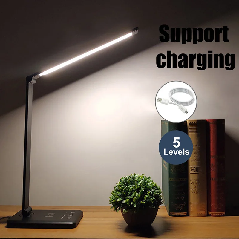 5Lv Support Charger Светодиодный светильник для защиты глаз, складной сенсорный переключатель, 3/5 уровень затемнения, USB настольная лампа для чтения, Беспроводная зарядка для мобильного заряда - Цвет корпуса: 5Lv Support Charger