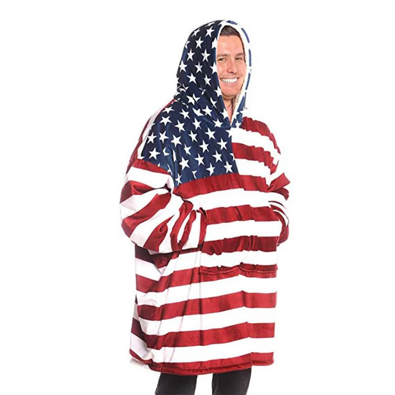 2021 American Flag Hooded Blanket Winter Sherpa Sweatshirt with Sleeves TV Blanket Pocket Wearable Pullover Gift for Man Women