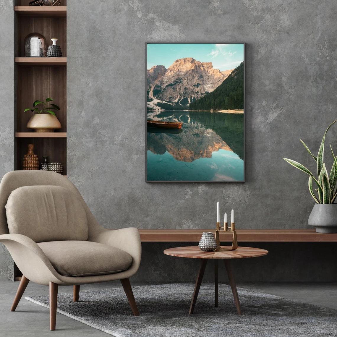 

Lago di Braies Reflection, Italian Lake Wall Art Canvas Print, Lake boat Print, Calm lake Wall Art, The Dolomites Print Poster