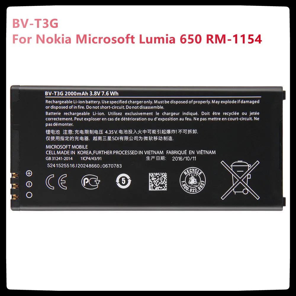 

Original Replacement Phone Battery BV-T3G For Nokia Microsoft Lumia 650 RM-1154 BV-T3G Genuine Rechargable Batteries 2000mAh