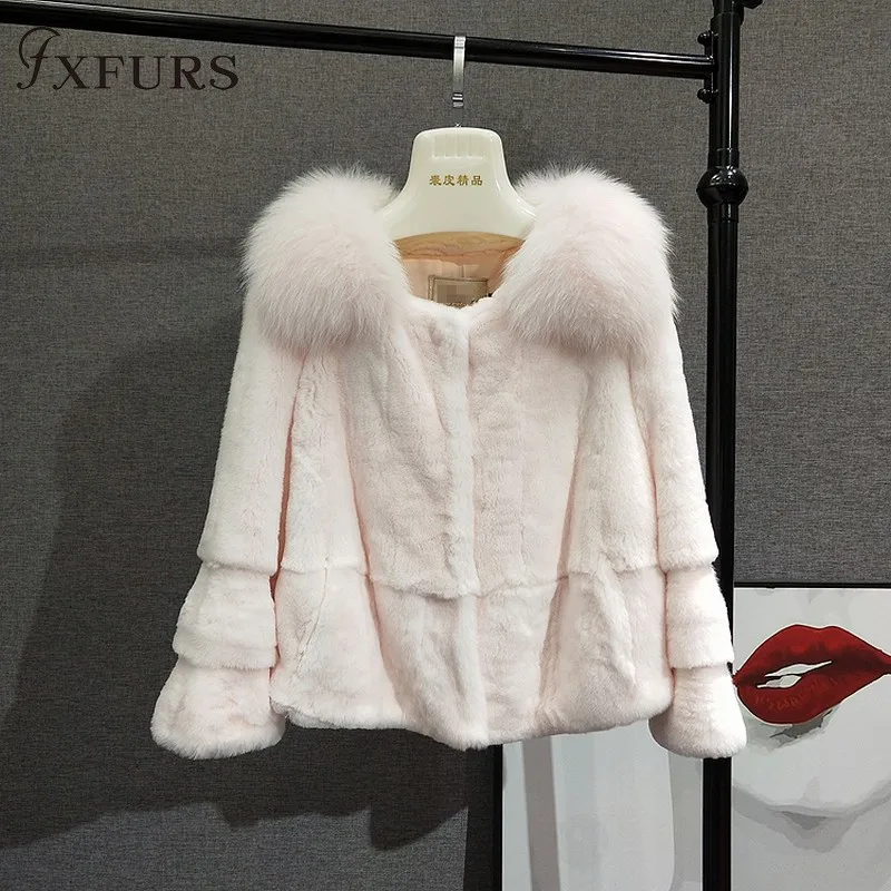 2020 New Women Winter Rex Rabbit Fur Jackets Short Lady's Warm Real Fur Coats Fox Fur Collars Whole SKin Fur Clothings Outwear