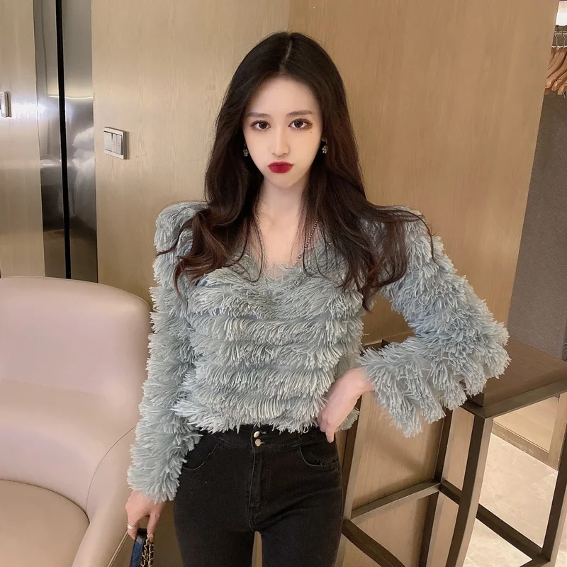 Gaganight модная женская футболка с кисточками длинным рукавом и v-образным вырезом