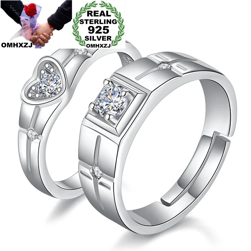 

OMHXZJ Wholesale RG129 European Fashion Lovers Couple Party Birthday Wedding Gift Heart Square Zircon 925 Sterling Silver Ring