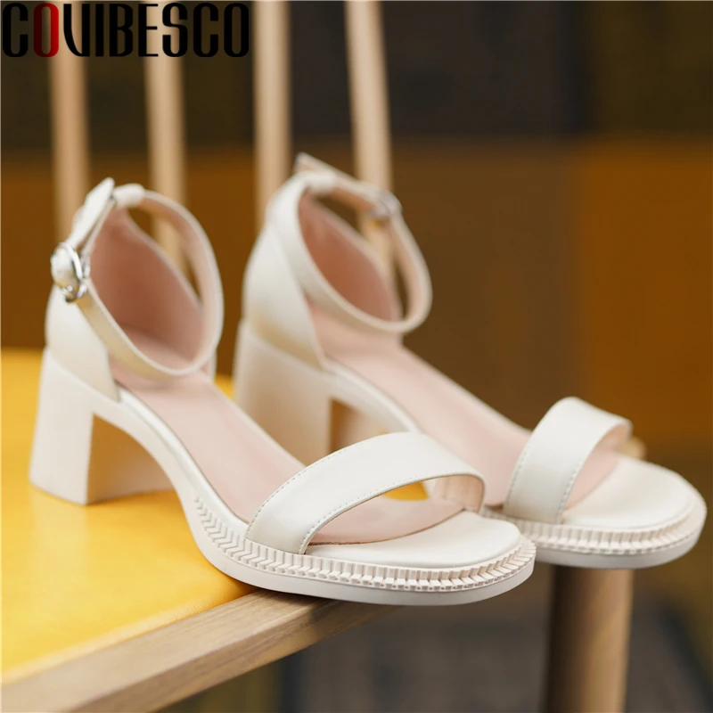 

COVIBESCO 2021 New Women Sandals Summer Fashion Concise Genuine Leather Pumps Ankle Strap Thick Heels Working Casual Shoes Woman