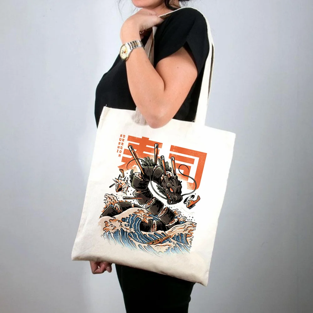 

2021 Shopper SUSHI PANDA Cartoons Printed Tote Bag women Harajuku shopper handbag girl Shoulder shopping bag Lady Canvas Bag