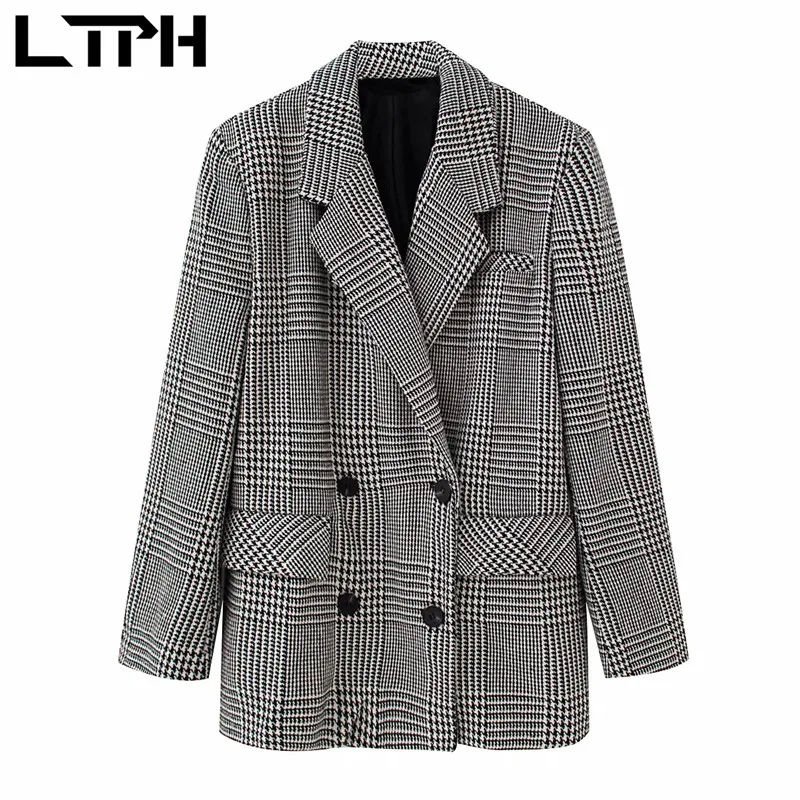 LTPH-Chaqueta de estilo vintage de pata de gallo para mujer, blazer informal de longitud media con bolsillos, chaquetas de manga larga gruesa, abrigo de traje para mujer 2020