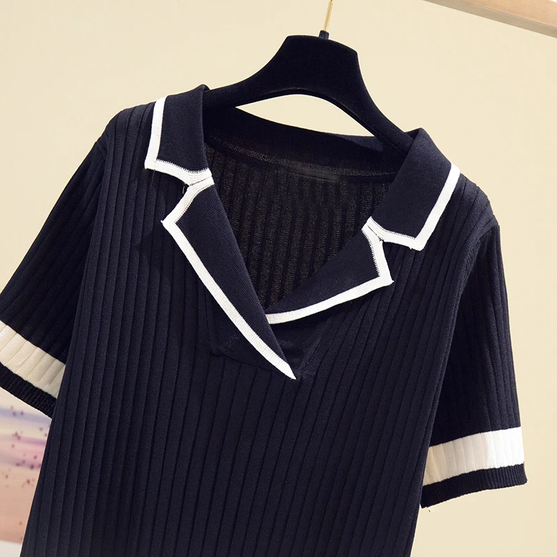 

Plus size 4XL V-neck Patchwork Sweater Women Summer Short Sleeve Knitted Pullover Fashion Black Tops