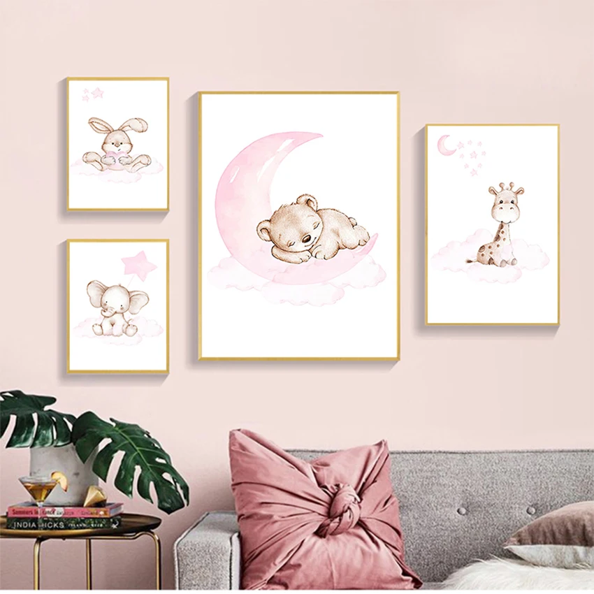 

Картина в скандинавском стиле, декор для детской спальни, кролик, жираф, фотография, милое животное, луна, Детская настенная Картина на холст...