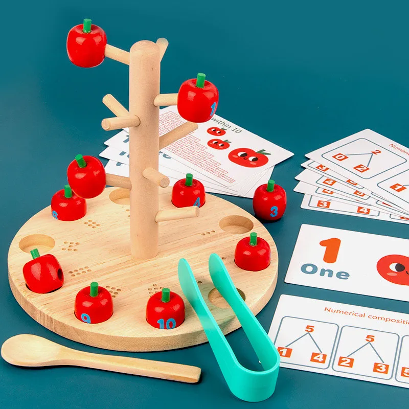 

Новый детский деревянный пазл Монтессори, учебное пособие, яблоко, интерактивная игра, математическая игрушка, собирание фруктов, деревянн...