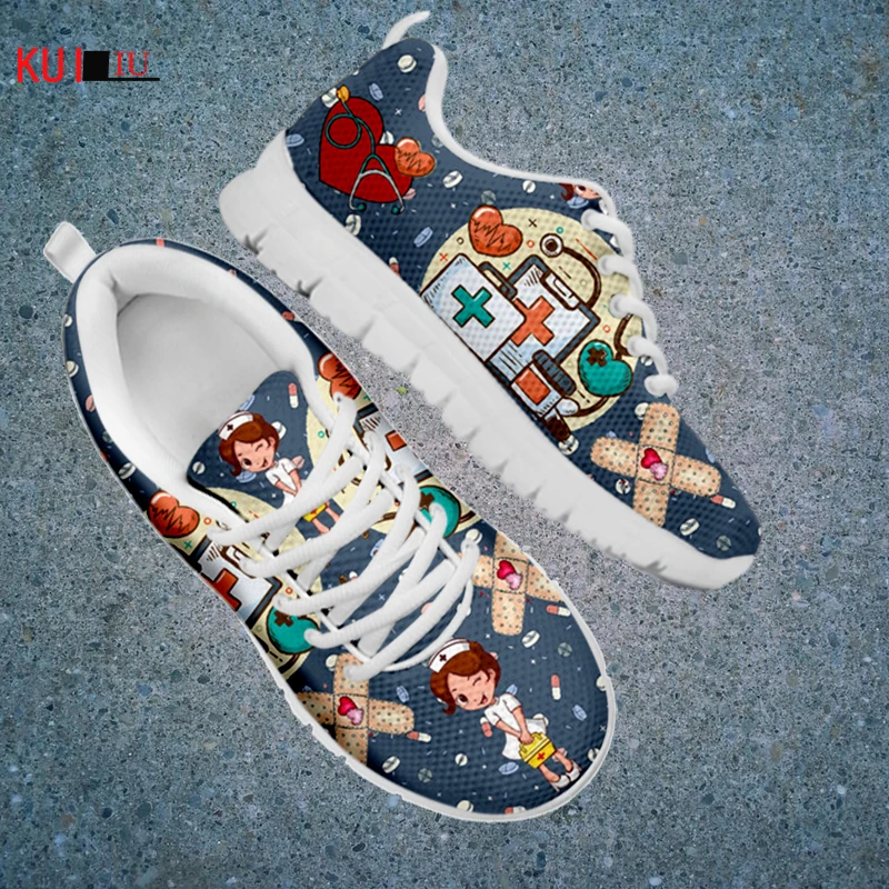 

KUILIU Nurse Women Casual Flat Sneakers Cute Cartoon Premium Sketch Design Breathable Shoes Designer Outdoor Air Mesh Footwear