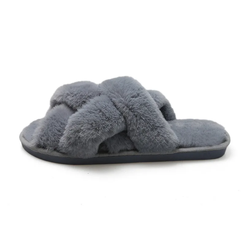 

2021 Winter Women Furry Slippers Soft Plush Cross Faux Fur Shoes Indoor Ladies Platform Sandalias Open Toe Fluffy House Slides