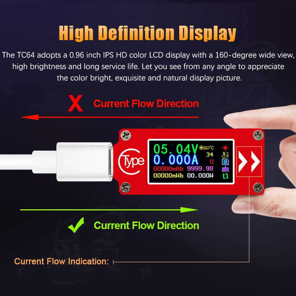 USB вольтметр Амперметр TC64 Type C с цветным ЖК дисплеем измеритель напряжения и тока