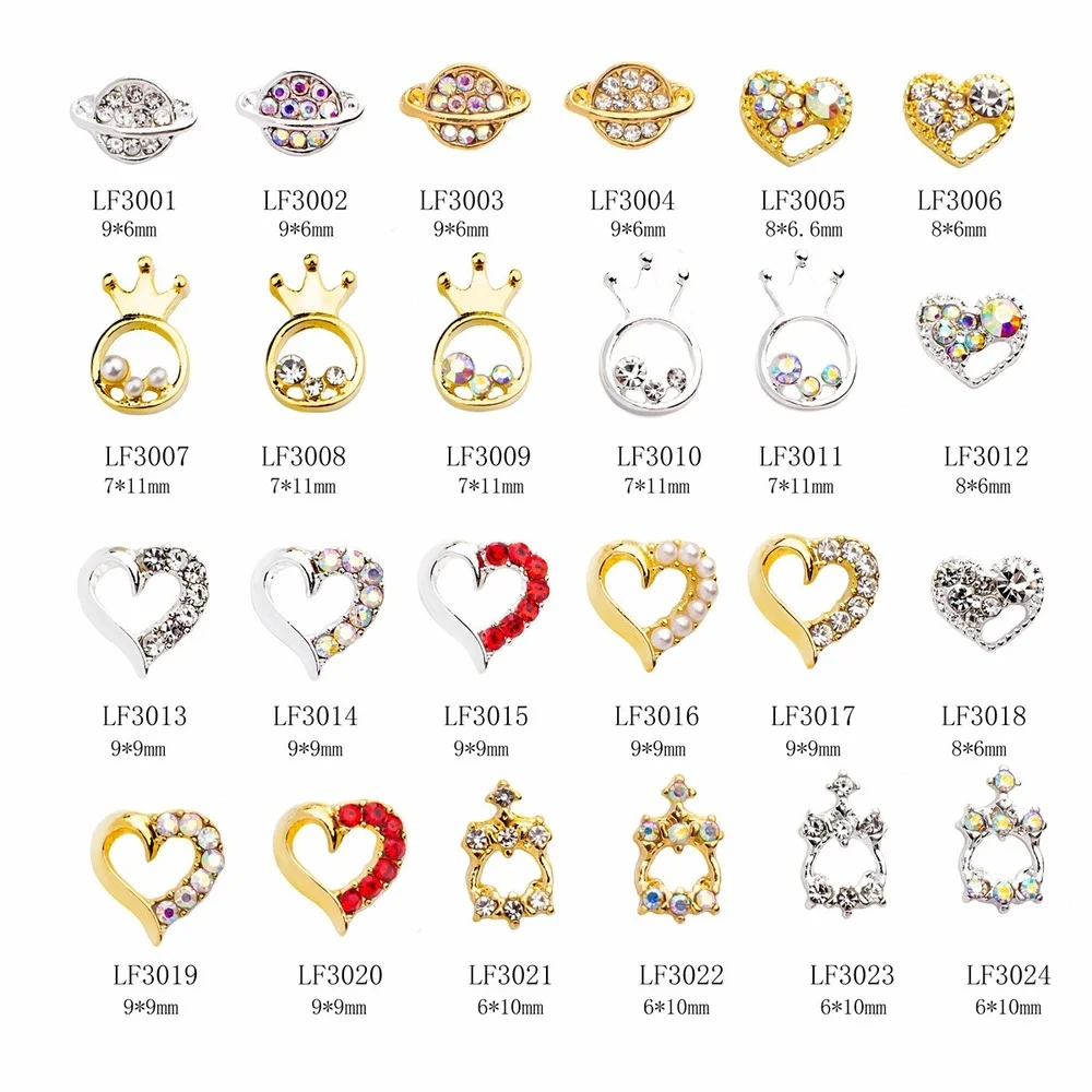 

10PCS Luxury Shine Diamond Nail Art Rhinestone Charms Gems Alloy Crown/Planet/Heart Gold&Silverjapanese Decoration Jewelry Metal