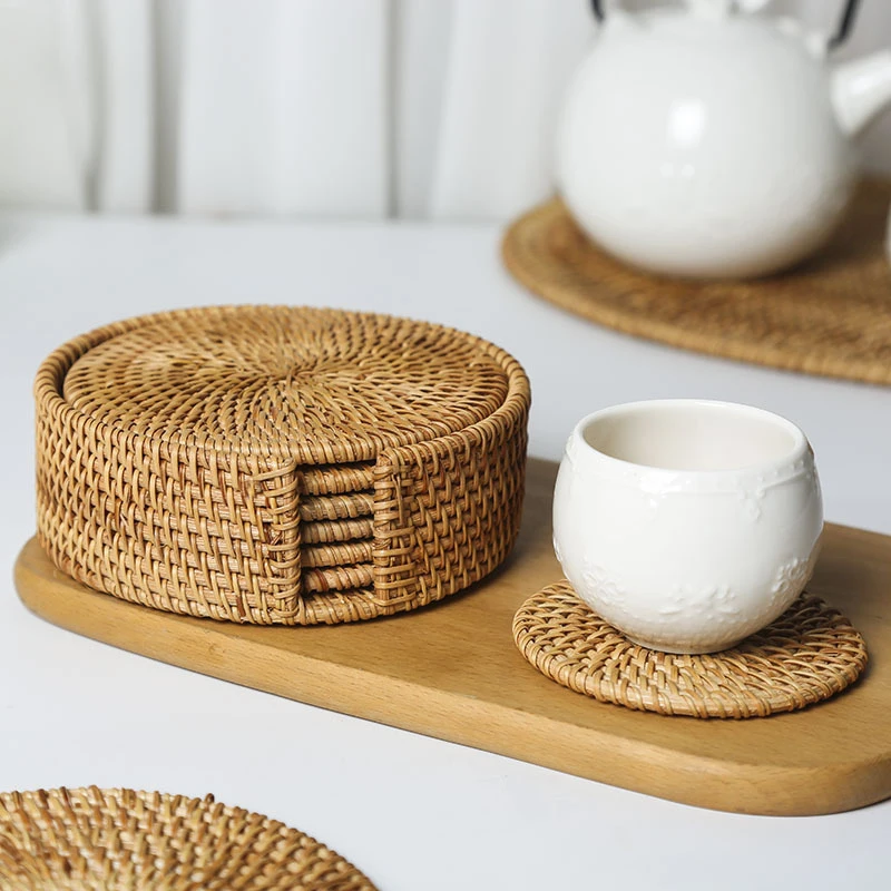 

6Pcs/Set Drink Coasters Set for Tea Cup Mat Accessories 8cm Diameter Round Tableware Placemat Dish Mat Rattan Weave Cup Mat Pad