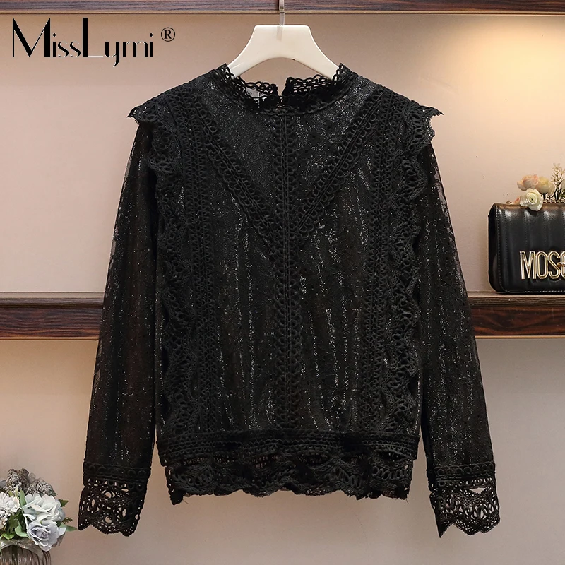 L-4XL размера плюс, Женская кружевная блузка, зима, модные кружевные вязанные крючком Лоскутные с длинным рукавом, утолщенные элегантные рубашки, женские топы