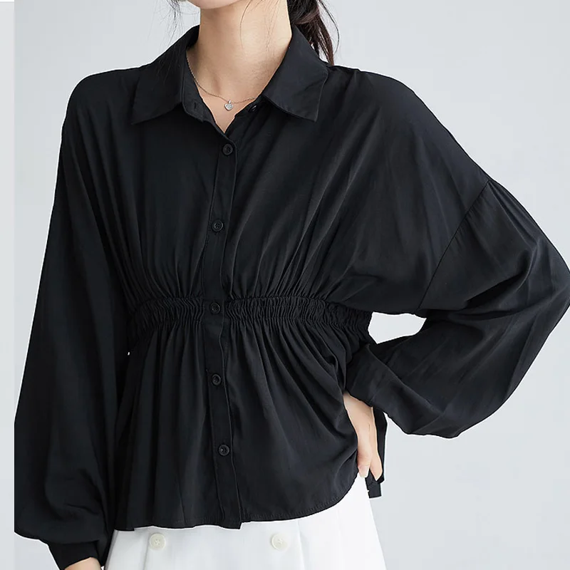 

Женская блузка с отложным воротником, черная Свободная Повседневная Блузка в Корейском стиле с рукавами-фонариками и эластичным поясом