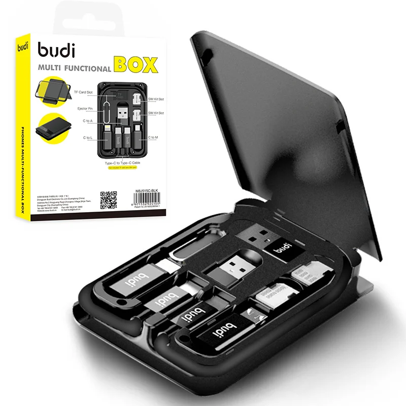 BUDI 8 в 1 кабель с разъемами типа C и Micro USB адаптером для хранения Коробка iPhone Lightning TF