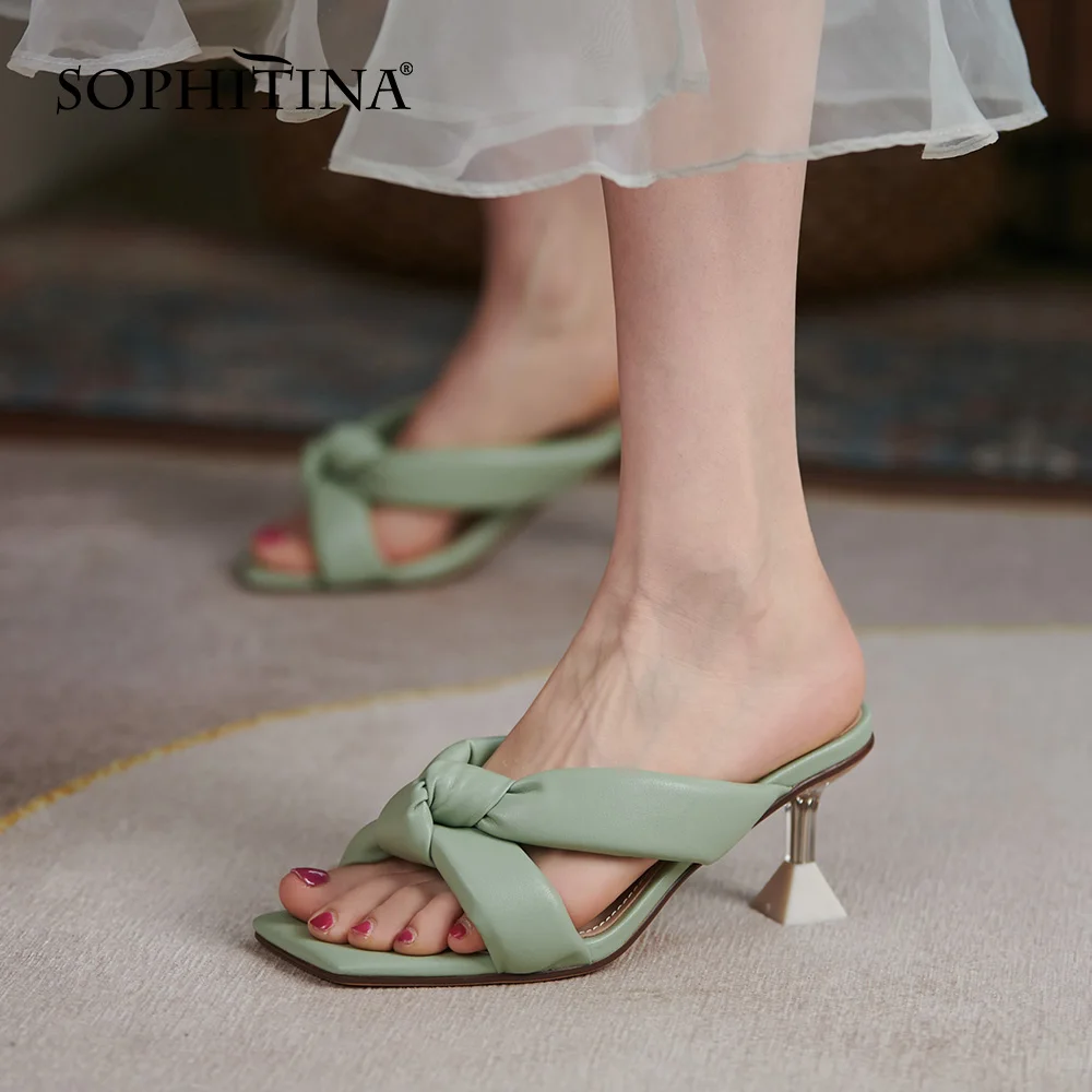 

SOPHITINA Summer Women Slippers Casual Slides Genuine Leather Slippers Glass Heel Open Toe All-Match Fashion Lady Shoes WO88