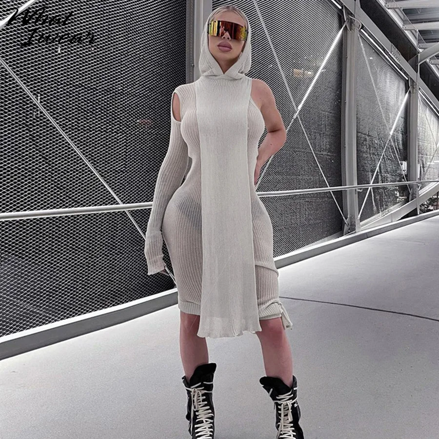 

Женский прозрачный комплект whatiwear из 2 предметов, платье на одно плечо с длинным рукавом и шикарный топ с капюшоном, осенняя Клубная одежда