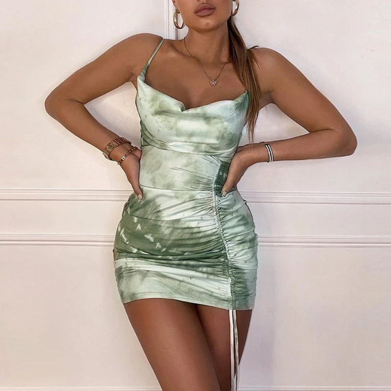 

Tie Dye Bodycon Dress Women Sleeveless Ruched Bandage Mini Dress Summer Sexy Backless Dresses Fashion Tank Top Casual Vestidos