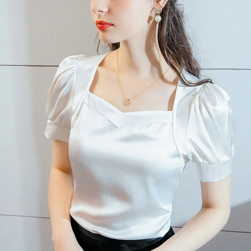 

Silky Acetate Satin T-shirt Female 2020 Summer New Style Western Style Small Shirt French Retro Wooden Ear Square Collar Shirt