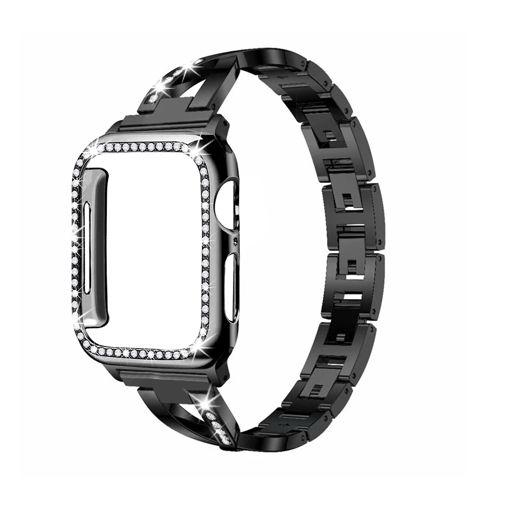 Для Apple Watch ремешок для женщин+ чехол 38 мм/42 мм/40 мм/44 мм с бриллиантами iwatch серия ремешок из нержавеющей стали 5 4 3 2 1 браслет - Цвет ремешка: Black
