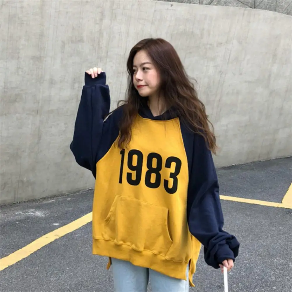 Women Color Block Long Raglan Sleeve Plush Warm Hoodie Pocket Autumn Sweatshirt