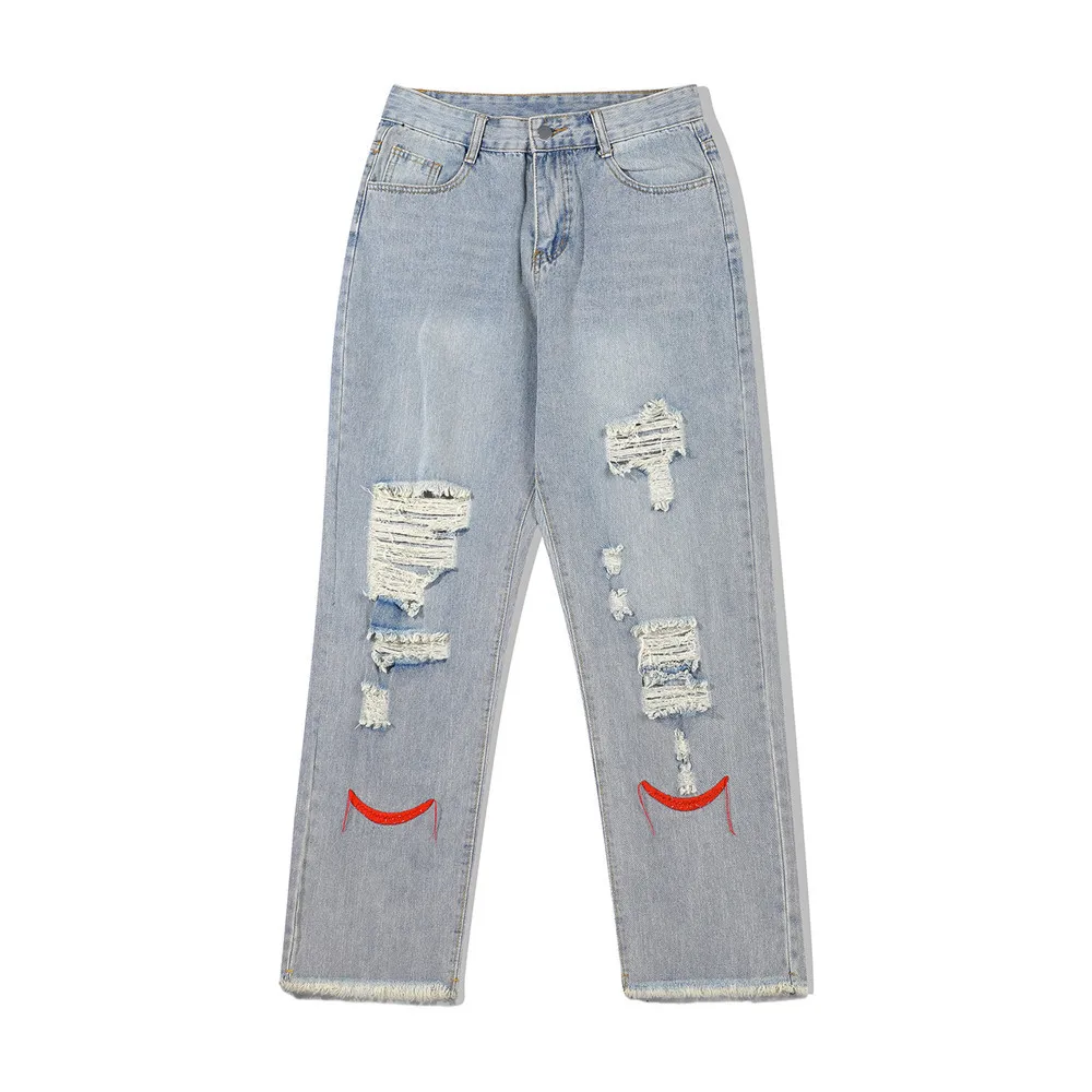 

2021 Chic Hole Ripped Embroidery Retro Washed Men Baggy Jeans Trousers Rough Edges Hip Hop Straight Denim Pants Pantaloni Uomo