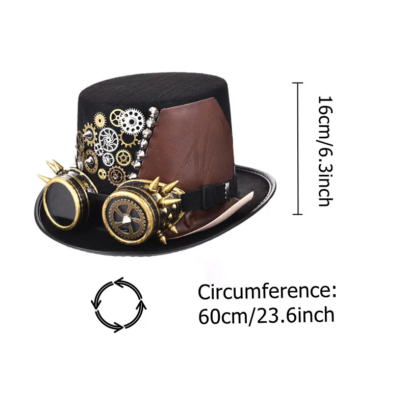 

Steampunk Hat Black Fedora Punk Gears Spikes Leather Men/Women Top Hat With Googles Gothic Hat Party Festival Hats Accessories